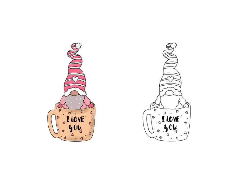 May include: A brown ceramic mug with a pink and white striped gnome wearing a red hat with a heart on it. The mug has a white outline and the words "I LOVE YOU" in black.