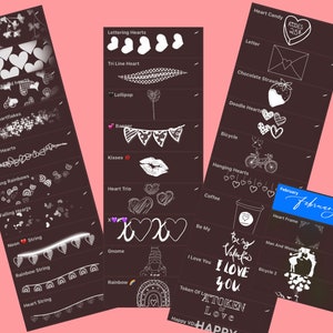 May include: A collection of digital Valentine's Day graphics featuring hearts, banners, and other romantic illustrations. The graphics are in black and white and have a hand-drawn style. The text "February" is written in cursive on a blue background.