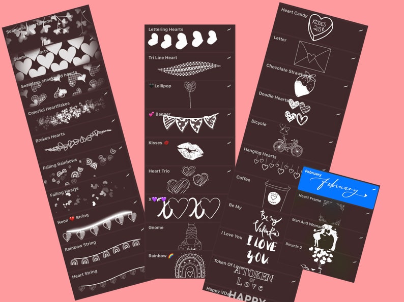 May include: A collection of digital Valentine's Day graphics featuring hearts, banners, and other romantic illustrations. The graphics are in black and white and have a hand-drawn style. The text "February" is written in cursive on a blue background.