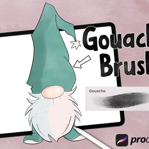 May include: A digital illustration of a gnome wearing a green hat on a tablet screen. The text "Gouache Brush" is displayed above the gnome. A brush stroke sample is shown below the gnome with the text "Gouache" above it. The Procreate logo is in the lower right corner of the image.