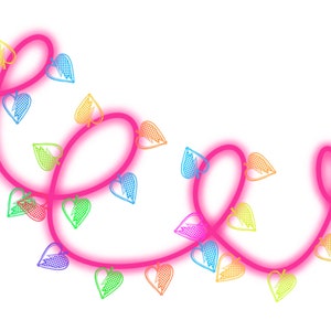 May include: A string of pink fairy lights with rainbow heart-shaped bulbs. The lights are strung in a pattern that resembles the letter "e".