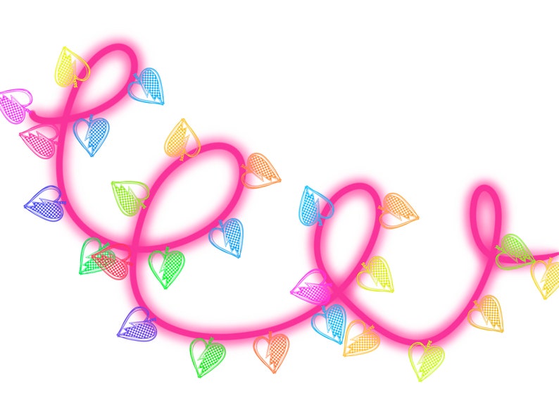May include: A string of pink fairy lights with rainbow heart-shaped bulbs. The lights are strung in a pattern that resembles the letter "e".