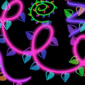 Puede incluir: Un fondo negro con un diseño de luz de neón rosa, azul y verde. El diseño está formado por una serie de corazones y remolinos. Los corazones están todos rotos por la mitad.