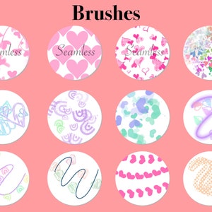 May include: A set of 12 digital brush designs featuring various patterns and styles, including hearts, swirls, and abstract shapes. The brushes are displayed in a circular format on a pink background. The word "Brushes" is written in black at the top of the image.