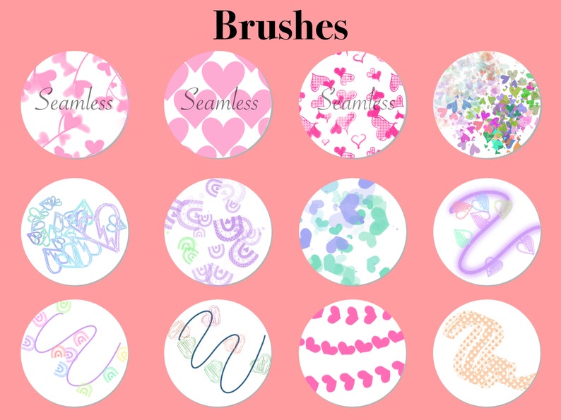 May include: A set of 12 digital brush designs featuring various patterns and styles, including hearts, swirls, and abstract shapes. The brushes are displayed in a circular format on a pink background. The word "Brushes" is written in black at the top of the image.