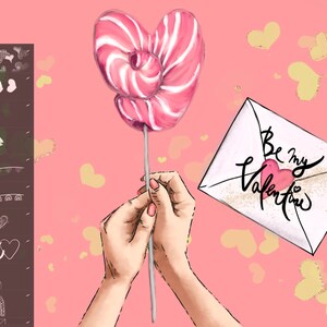 May include: A pink and white heart-shaped lollipop on a stick held by hands. A white envelope with the text "Be my Valentine" and a pink heart is in the background.