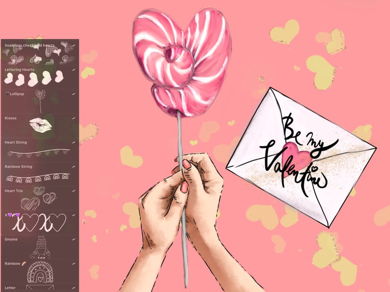 May include: A pink and white heart-shaped lollipop on a stick held by hands. A white envelope with the text "Be my Valentine" and a pink heart is in the background.