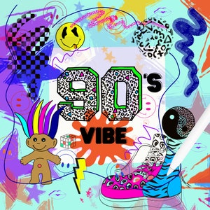 May include: A colourful illustration featuring the text "90's Vibe" in a bold, black font. The numbers "90" are in a bright green and white geometric pattern. The background is a mix of blue, pink and yellow with various shapes and patterns.
