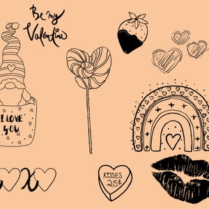 May include: A set of black and white Valentine's Day illustrations featuring a gnome in a mug, a heart-shaped lollipop, a strawberry dipped in chocolate, a rainbow with hearts, a heart-shaped candy, a pair of lips, and the text "Be my Valentine" and "XOXO".