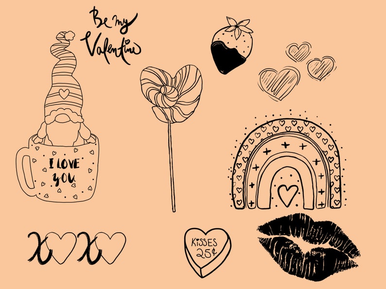 May include: A set of black and white Valentine's Day illustrations featuring a gnome in a mug, a heart-shaped lollipop, a strawberry dipped in chocolate, a rainbow with hearts, a heart-shaped candy, a pair of lips, and the text "Be my Valentine" and "XOXO".
