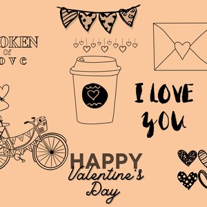 May include: A black and white illustration of a bicycle with heart-shaped balloons, a coffee cup, a letter, and a banner with hearts. The text "A Token of Love", "I Love You", and "Happy Valentine's Day" is also included.