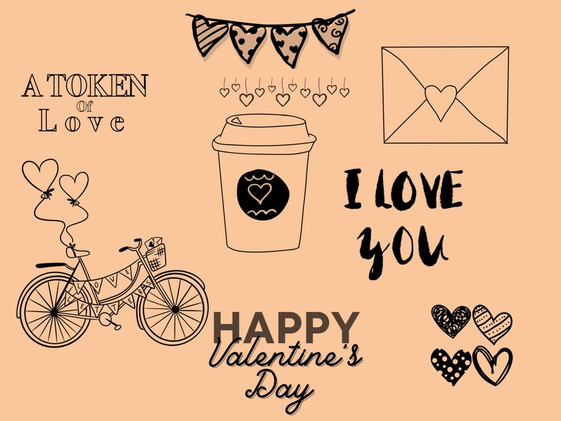May include: A black and white illustration of a bicycle with heart-shaped balloons, a coffee cup, a letter, and a banner with hearts. The text "A Token of Love", "I Love You", and "Happy Valentine's Day" is also included.