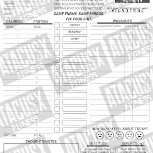 May include: A black and white fitness tracker/planner with the text "Get Yo Shit Together." It includes sections for daily tracking of calories, protein, workouts, and mood. The planner also has space for notes and reflections.