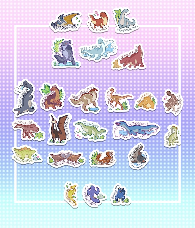 May include: A set of 20 colorful dinosaur stickers with white outlines. The stickers feature various dinosaurs, including a Parasaurolophus, a Stegosaurus, a Triceratops, a Gallimimus, a Brontosaurus, a Carnotaurus, a Protoceratops, a Pachycephalosaurus, a Compsognathus, a Quetzalcoatlus, an Iguanodon, a Nothosaurus, a Dilophosaurus, an Ankylosaurus, a Corythosaurus, a Suchomimus, a  Rhamphorhynchus, a  Archaeopteryx, a  Apatosaurus, and a  Prognathus.