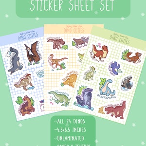 May include: A set of three sticker sheets featuring 24 different dinosaur illustrations. Each sticker is approximately 4.5 by 6.5 inches and is unlaminated with a paper-like texture. The stickers are arranged in a grid pattern on each sheet and feature a variety of dinosaurs, including a stegosaurus, triceratops, and tyrannosaurus rex.