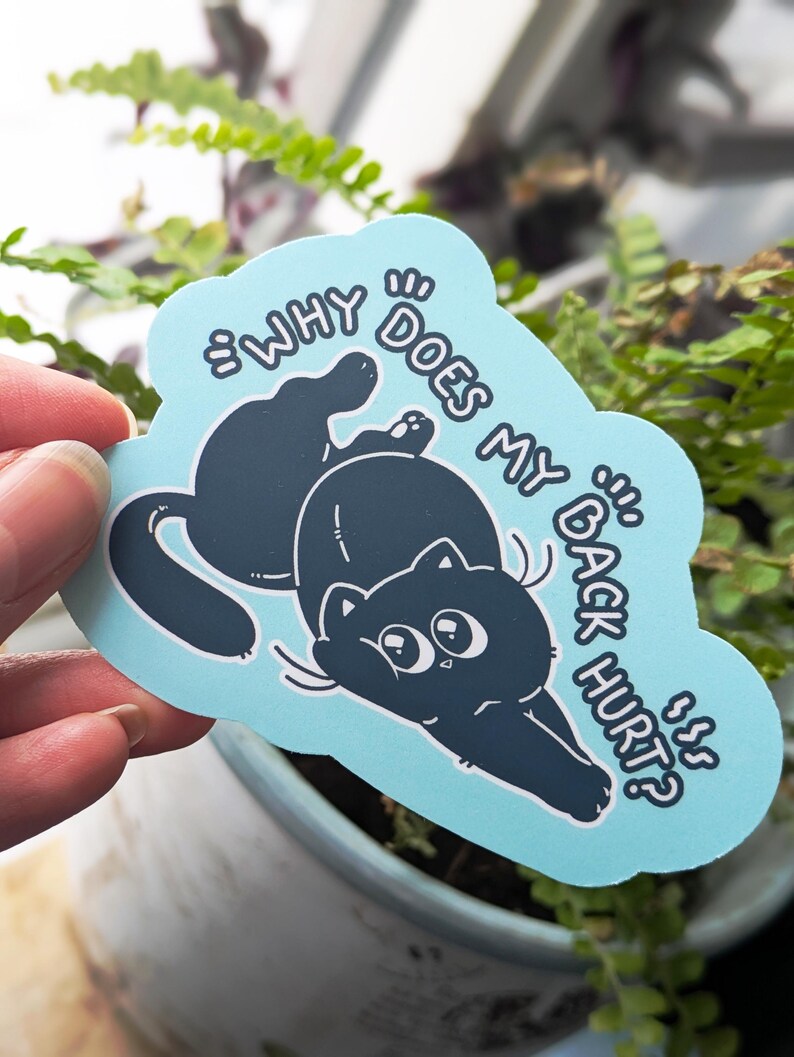 May include: A light blue sticker featuring the text "WHY DOES MY BACK HURT?" and a black cat illustration. The cat is lying on its back. The sticker is set against a blurred backdrop of green foliage.