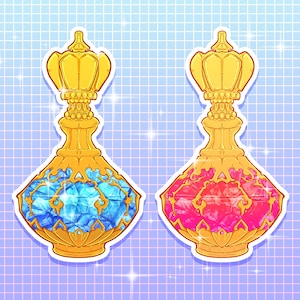 May include: Two gold ornate perfume bottles with jeweled stoppers. One bottle has a blue jewel and the other has a pink jewel.