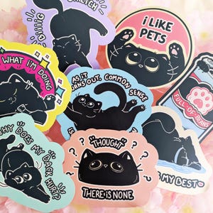Op de afbeelding: Een verzameling kleurrijke stickers met katten, met verschillende ontwerpen en tekst. De stickers tonen zwarte katten in verschillende poses, met zinnen als "I like pets" en "Full of beans".