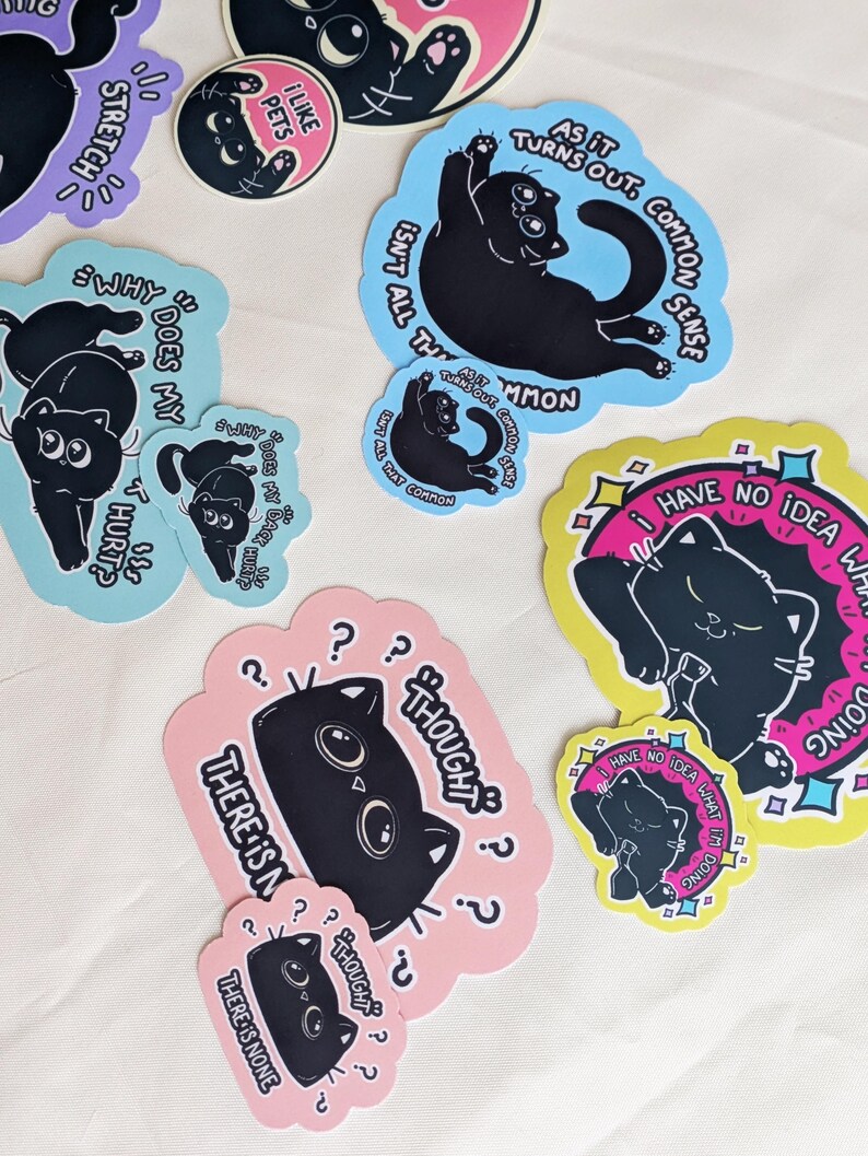 May include: A selection of cat-themed stickers in different shapes and sizes. The stickers feature black cat illustrations with phrases such as "I like pets," "As it turns out, common sense isn't all that common," and "There is none."