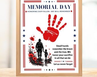 Memorial Day Handprint Art Craft | Poppy Print | Preschool Kindergarten Handprint Craft | Soldier Handprint | Remembrance Day Keepsake Poem