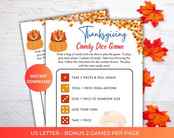 Thanksgiving Candy Dice Game - Printable Thanksgiving Trivia Game, Friendsgiving Games for Kids, Thanksgiving Games for Seniors, Party Games