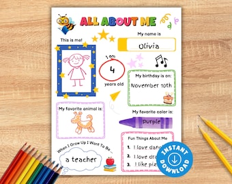 All About Me Worksheet, Back to School Activity, First Day of School Questionnaire Kindergarten, Preschool Student Introduction Printable