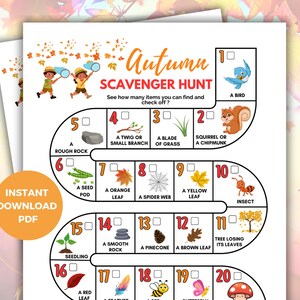 Könnte beinhalten: Ein druckbares Herbst-Schnitzeljagdspiel mit farbenfrohen Illustrationen von Herbstobjekten wie Blättern, Insekten und einem Eichhörnchen. Das Spiel enthält den Text "Autumn Scavenger Hunt" und "Instant Download PDF".