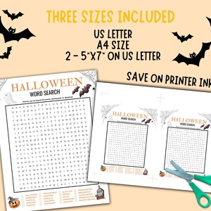 May include: Two Halloween-themed word search puzzles on white paper, with a spiderweb and bat design. The text "HALLOWEEN WORD SEARCH" is at the top. The image includes the text "THREE SIZES INCLUDED" and "SAVE ON PRINTER INK".