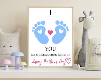 Mothers Day Footprint Art Printable, First time Mom Gift, Kids Classroom Craft,Easy Kids DIY Sentimental Keepsake, Baby Nursery Decor - PDF