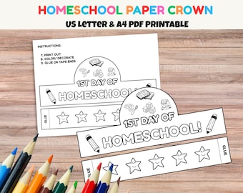 First Day of Homeschool Paper Crown Printable | DIY Back to School Crown Template for Kids Back to school craft | Paper crown headband