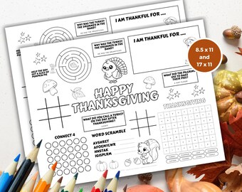 Thanksgiving Placemat Printable, Thanksgiving Activity Placemat, Paper Placemats, Thanksgiving coloring placemats for kids, Classroom Craft