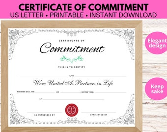 Certificate of Commitment perfect for vow renewal in an elegant silver design, a minimalist wedding vow keepsake in US letter size