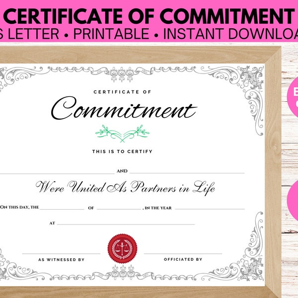 Certificate of Commitment perfect for vow renewal in an elegant silver design, a minimalist wedding vow keepsake in US letter size