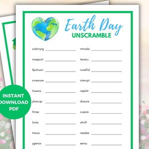 Könnte beinhalten: Ein druckbares Earth Day-Wortspiel mit einer grünen und blauen Herzgrafik. Das Spiel enthält eine Liste von Wörtern zum Entschlüsseln, wie "Recycling" und "Planet".
