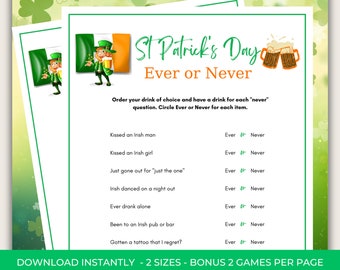 St Patricks Ever or Never Bar Crawl Printable Game, St Paddy's Adults Game, Office party game, celebrating St Pats Day - PDF Printable