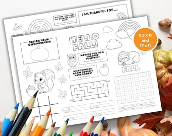 Fall Placemat Printable, Fall Activity Placemat, Paper Placemats, Fall coloring placemats for kids, Autumn Homeschool or Classroom Craft