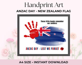 ANZAC Day Handprint Craft for preschool and daycare, Lest we forget, DIY New Zealand flag handprint art, Handprint memory - PDF Printable