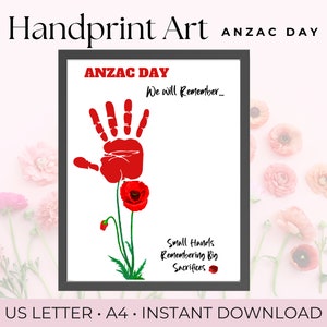 Könnte beinhalten: Druckbare Kunst mit einem roten Handabdruck, aus dem eine Mohnblume wächst. Der Text lautet "ANZAC DAY We will Remember... Small Hands Remembering Big Sacrifices".