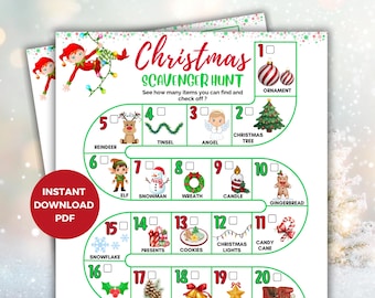 24 Item Christmas Scavenger Hunt Game for Kids, Printable Game Board, Printable Christmas I Spy & Find Checklist, Advent Treasure Hunt - PDF
