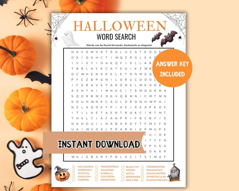 May include: Halloween-themed word search puzzle with the title "Halloween Word Search" in orange and black. The puzzle includes an answer key and the words can be found forwards, backwards, or diagonally. The words are listed at the bottom of the page. The words are Halloween, Werewolf, Mystical, Ghoul, Pumpkin, Trick or Treat, Black Cat, Frankenstein, Haunting, Potion, Broomstick, Eyeballs, Witch, Jack O'Lantern, Cauldron, Spiderweb, Spooktacular, Graveyard, Skeleton, and Bloodcurdling.