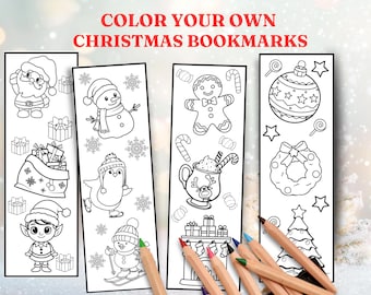 Printable Christmas Bookmarks to Color, Set of 4 DIY Holiday Craft Activity for Kids & Adults, Coloring sheet, bookmark printable for kids