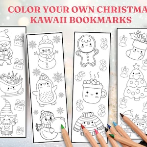 Könnte beinhalten: Vier schwarz-weiße Kawaii-Lesezeichen zum Thema Weihnachten mit verschiedenen Designs, darunter ein Weihnachtsmann, ein Schneemann, ein Pinguin und ein Lebkuchenmann. Der Text "COLOR YOUR OWN CHRISTMAS KAWAI BOOKMARKS" steht oben. Buntstifte sind unten zu sehen.