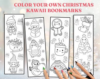 Kawaii Coloring Bookmarks Printable - Cute Christmas Kids Activity Stocking Stuffer - DIY Winter Craft PDF Download for Classroom - PDF