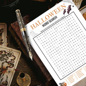 May include: A Halloween-themed image featuring a word search puzzle, a decorative pen, and tarot cards. The word search is titled "Halloween Word Search" and includes Halloween-related words. The pen has an ornate design. The tarot cards add a mystical element.