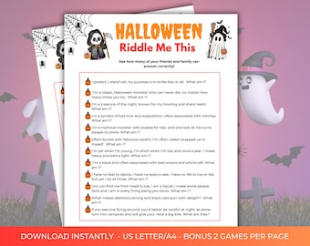 Halloween Riddles for Halloween Party, Halloween Riddle Me This Game, Halloween Party Games Printable, Fun Halloween Activity For Kids Teens