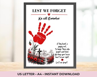 Remembrance Day Handprint Art, Lest we Forget Preschool Craft, Poppy Handprint activity, Kindergarten Cross Keepsake, Veterans Day printable