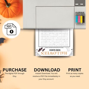 May include: A Halloween-themed word search puzzle being printed from a white printer. The printed page displays the words "HALLOWEEN" and "WORD SEARCH" with bat and spider graphics. The image also includes a PDF icon and instructions for purchase, download, and print.