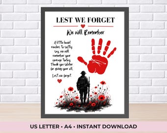Remembrance Day Handprint Craft, Lest we Forget preschool Art, Poppy Handprint, Soldier poppy Keepsake, Daycare Printable for Veterans Day