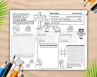 Palm Sunday Activity Placemat, Sunday School Paper Placemats, Holy Week Bible Sunday School Activity Coloring Sheet, Christian Church Craft