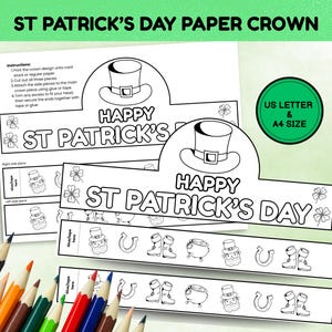 St Patrick's Day Coloring Paper Crown Craft, Leprechaun Hat Craft, St Paddy's Coloring Kid's Activity, Printable Paper Headband, DIY Hat